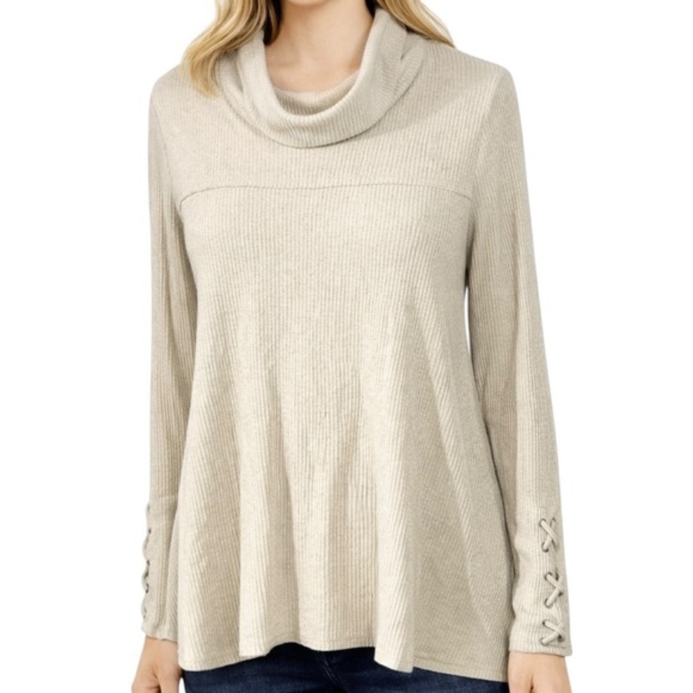 Knox Rose Cream Thermal Waffle Knit Cowl Neck Lace Up Sleeve BOHO Top Size M